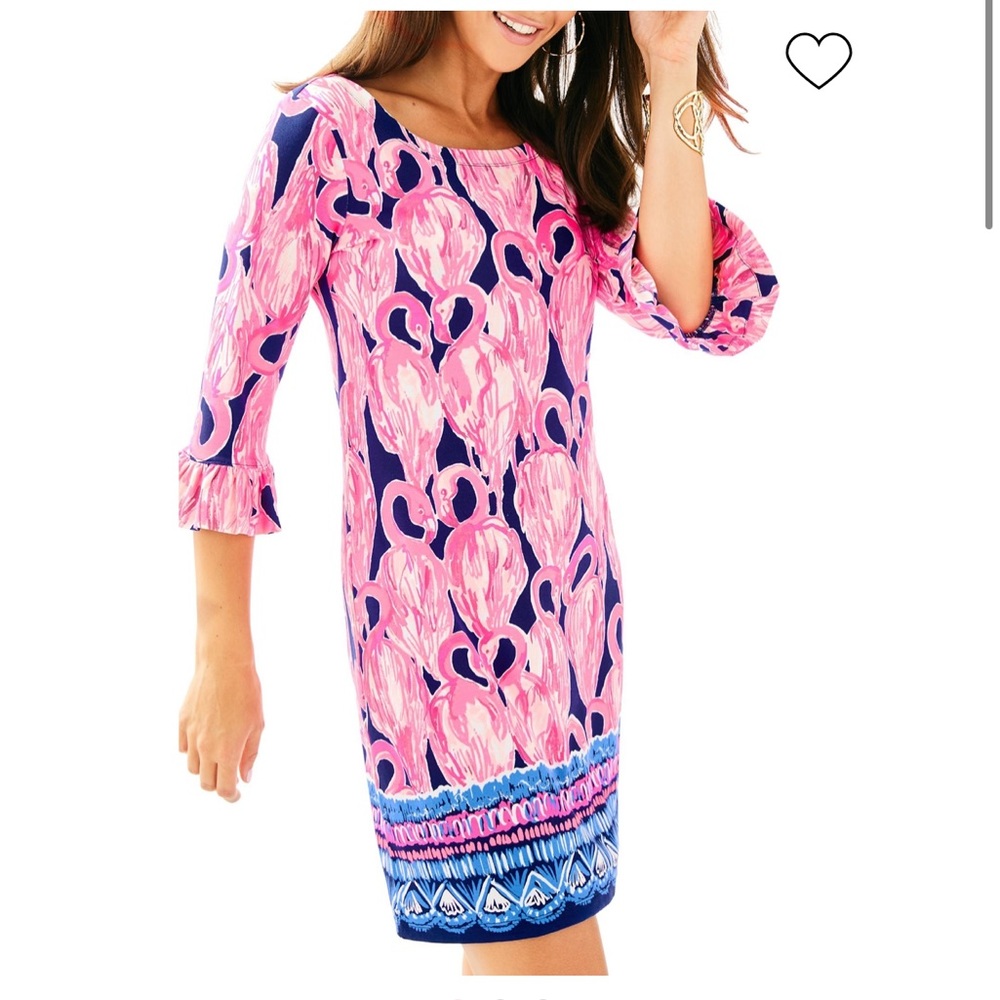 Lilly Pulitzer Sophie UPF 50 Ruffle High Tide Navy Via Amor Flamingo Dre…